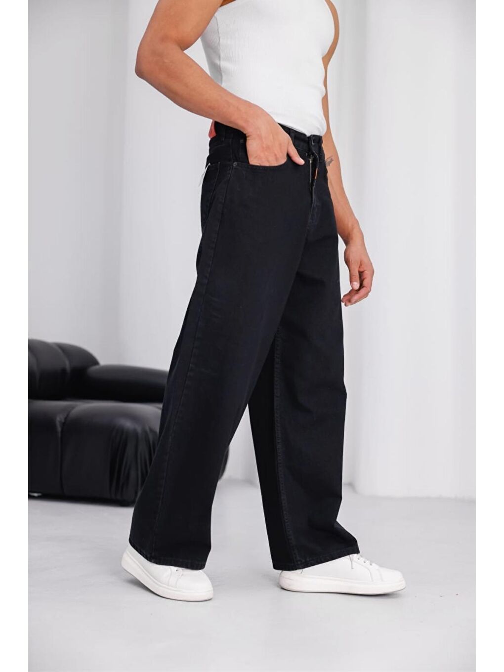 Siyah Puertas Erkek Yüksek Bel Balon Baggy Fit Bol Kesim Jean Pantolon-3