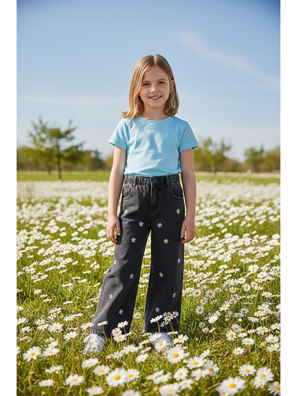 Gri %100 Pamuk Papatya Nakışlı Beli Lastikli Kız Çocuk Pantolon