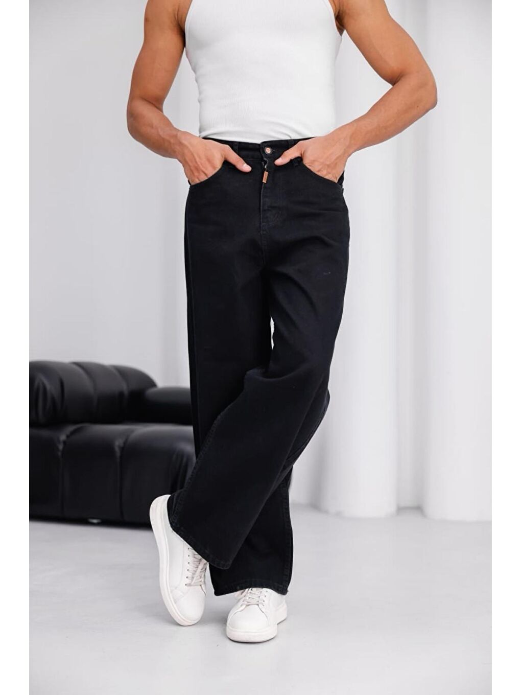 Siyah Puertas Erkek Yüksek Bel Balon Baggy Fit Bol Kesim Jean Pantolon-4