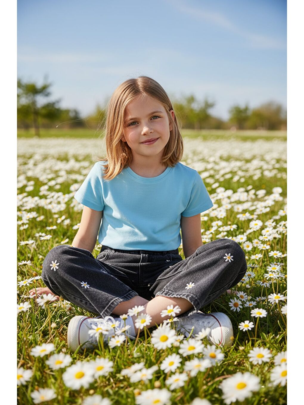 Gri %100 Pamuk Papatya Nakışlı Beli Lastikli Kız Çocuk Pantolon-1