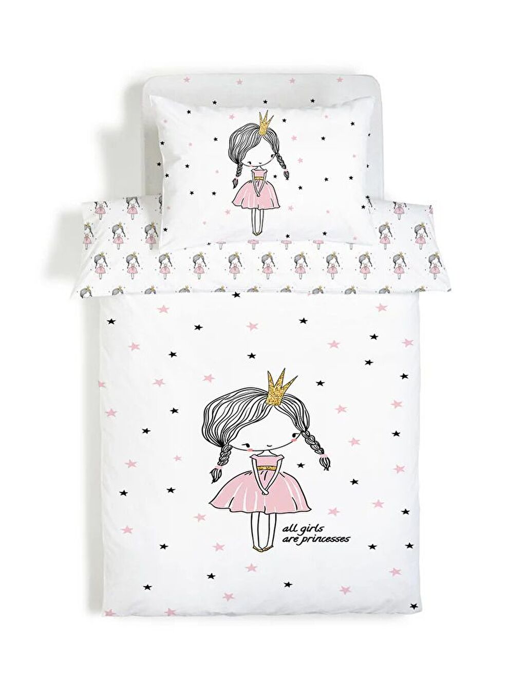 Beyaz Prenses Desenli Çarşafsız 2'li Takım Baskılı Tek Kişilik Nevresim Takımı 160x220 cm-1