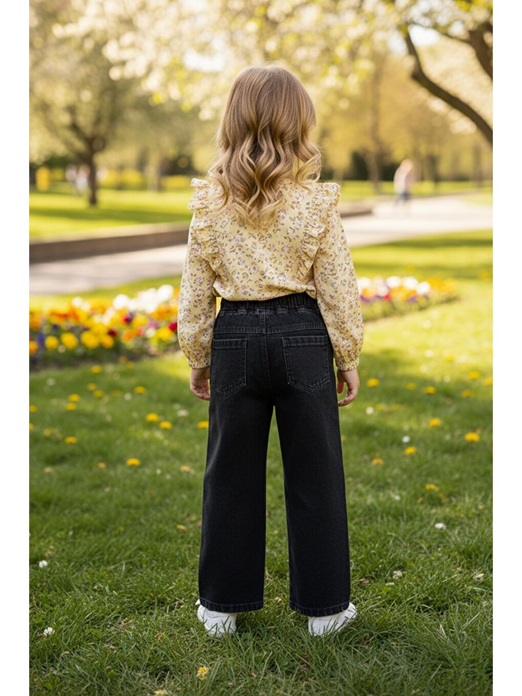 Antrasit Beli Lastikli Fiyonk Nakışlı Kız Çocuk Pantolon-1