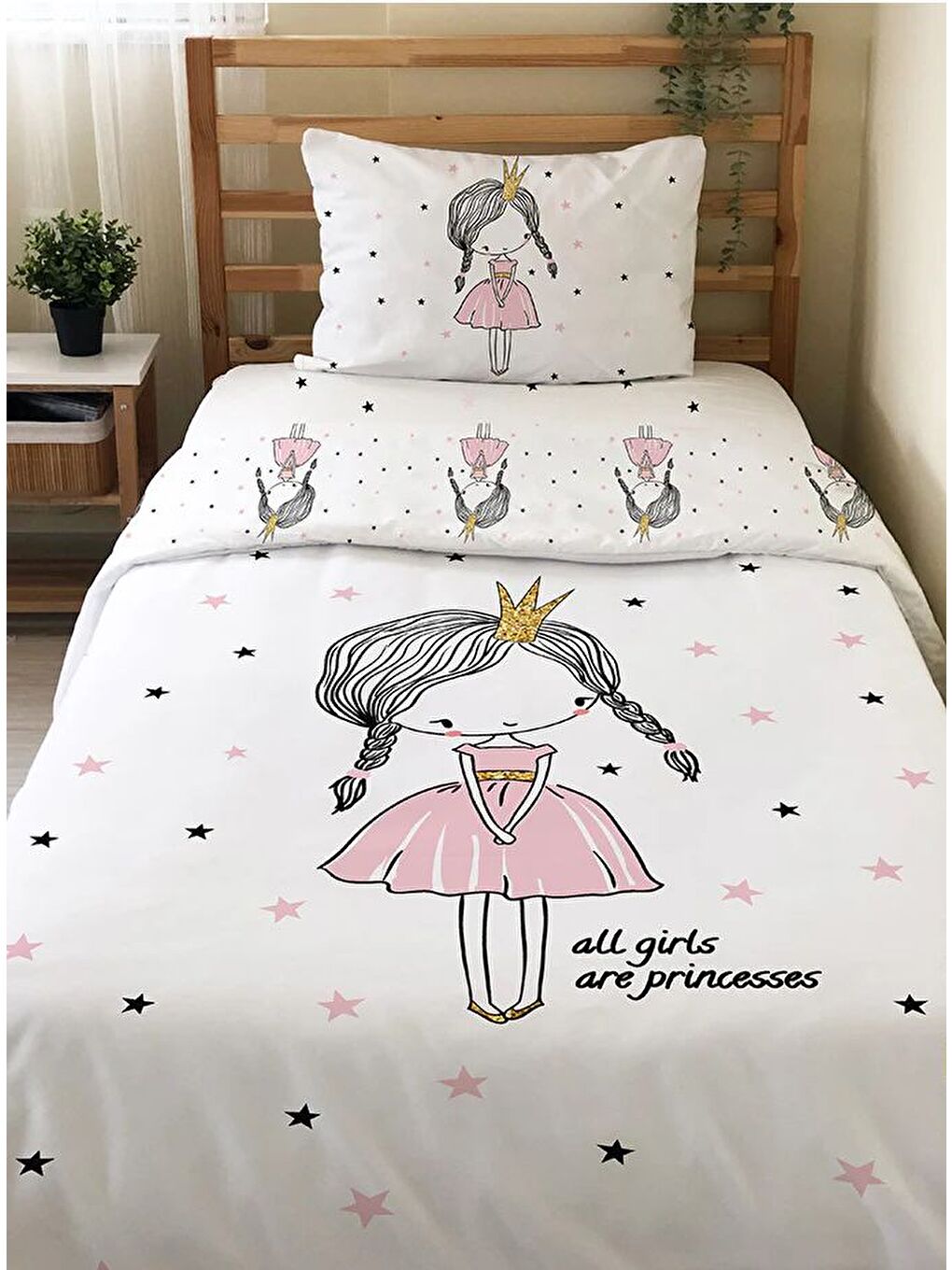 Beyaz Prenses Desenli Çarşafsız 2'li Takım Baskılı Tek Kişilik Nevresim Takımı 160x220 cm-3