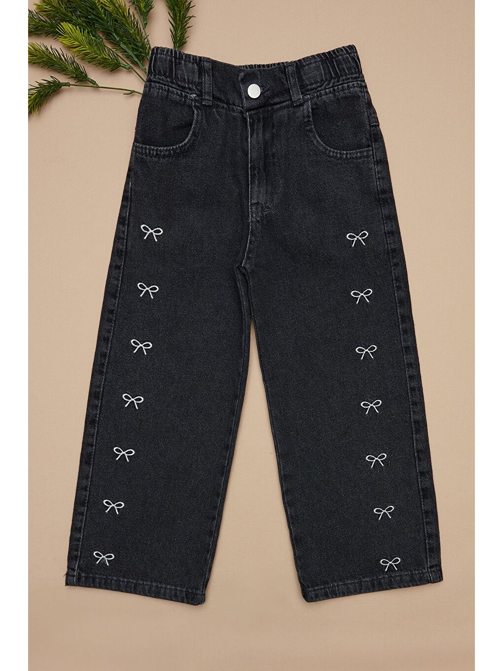 Antrasit Beli Lastikli Fiyonk Nakışlı Kız Çocuk Pantolon-2