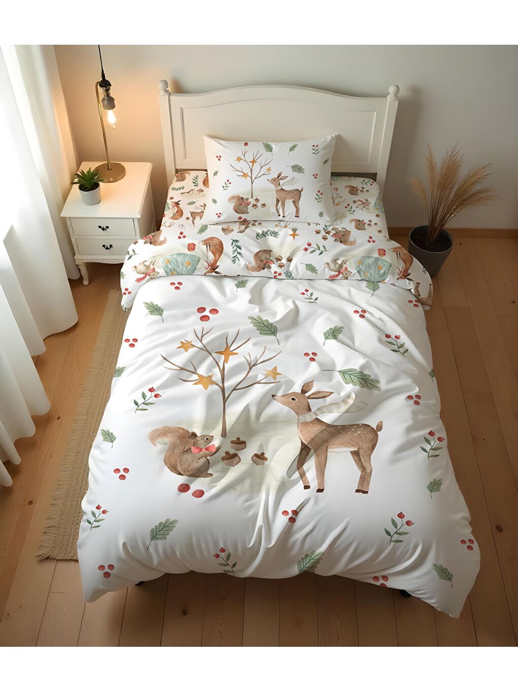 Beyaz Sevimli Geyik Desenli Çarşafsız 2'li Takım Baskılı Tek Kişilik Nevresim Takımı 160x220 cm
