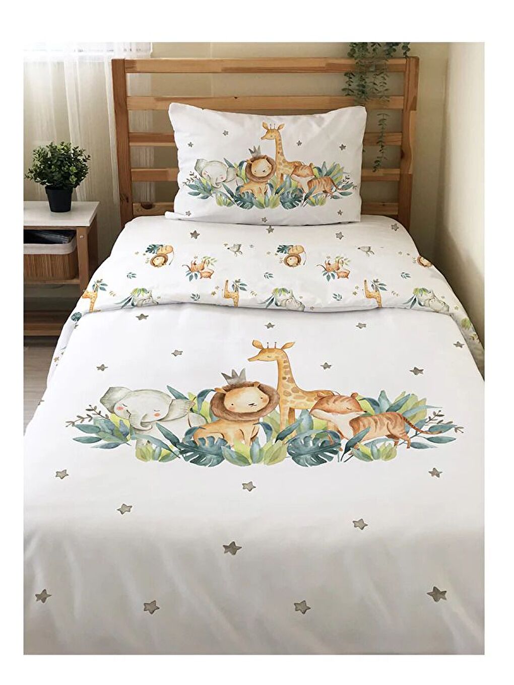 Beyaz Safari Desenli Çarşafsız 2'li Takım Baskılı Tek Kişilik Nevresim Takımı 160x220 cm-1