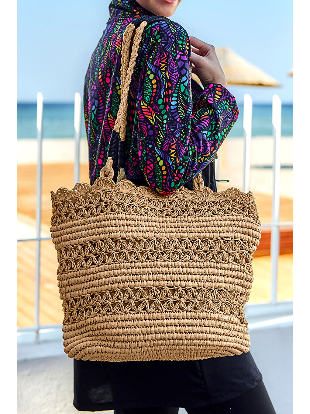 Kahverengi Hasır Çanta Plaj Çantası 005 Camel01