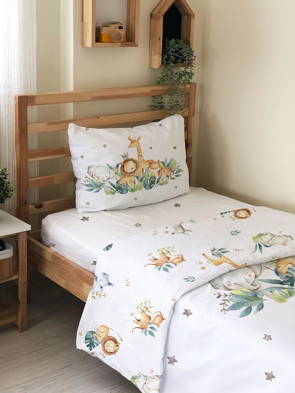 Beyaz Safari Desenli Çarşafsız 2'li Takım Baskılı Tek Kişilik Nevresim Takımı 160x220 cm-3