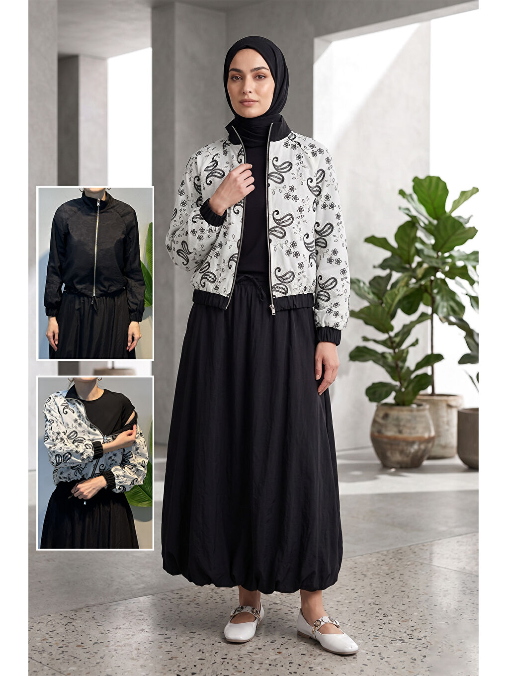 Etnik Desen Ceketi Çift Taraflı T-shirt Balon Etek 3'lü Takım 14367 Siyah