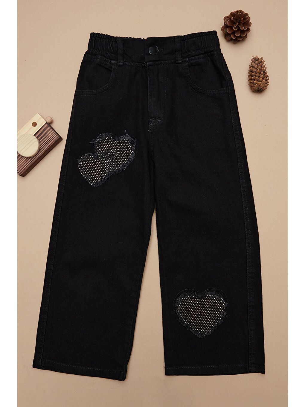 Siyah %100 Pamuk Beli Lastikli Taşlı Kalp Nakışlı Kız Çocuk Pantolon-2