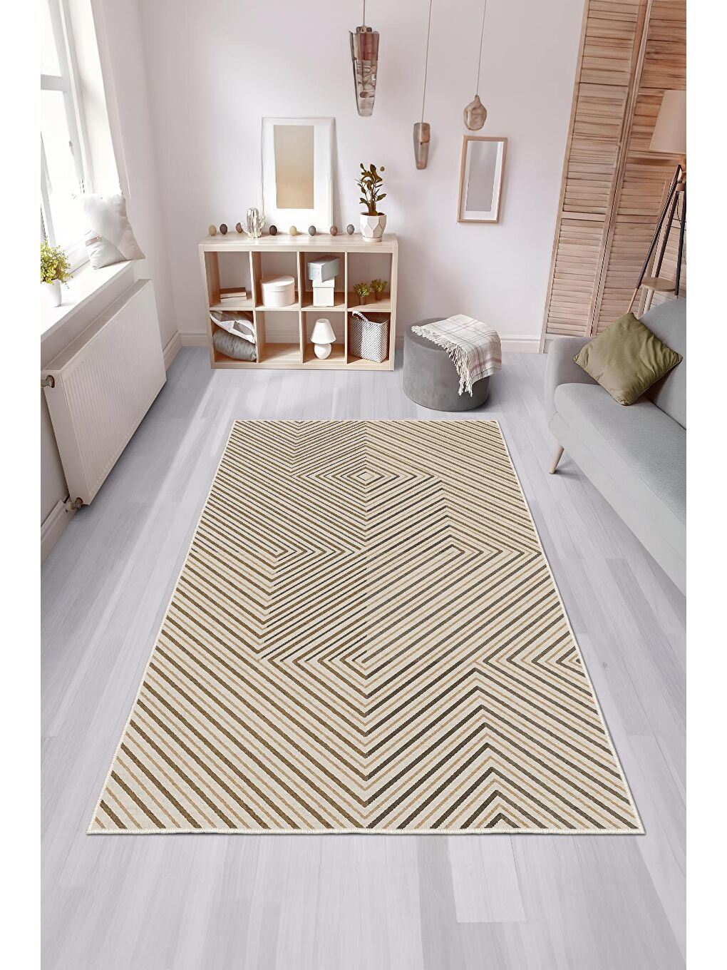 Bej Özel Tasarım, Kaymaz Taban, İnce, Yıkanabilir, Modern Halı WOOKECE1431 80x150