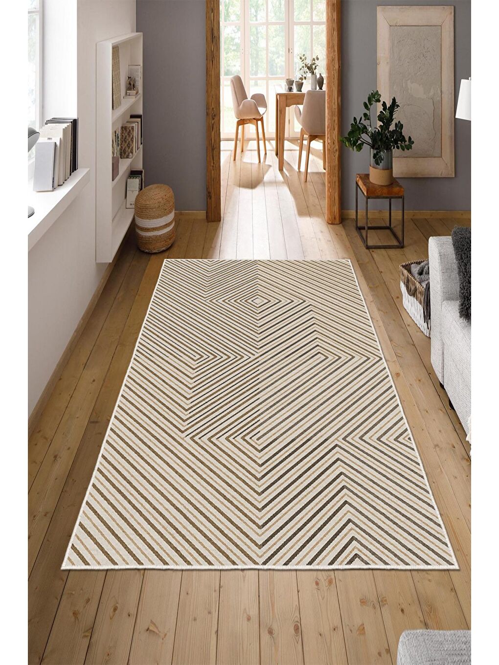 Bej Özel Tasarım, Kaymaz Taban, İnce, Yıkanabilir, Modern Halı WOOKECE1431 80x150-1