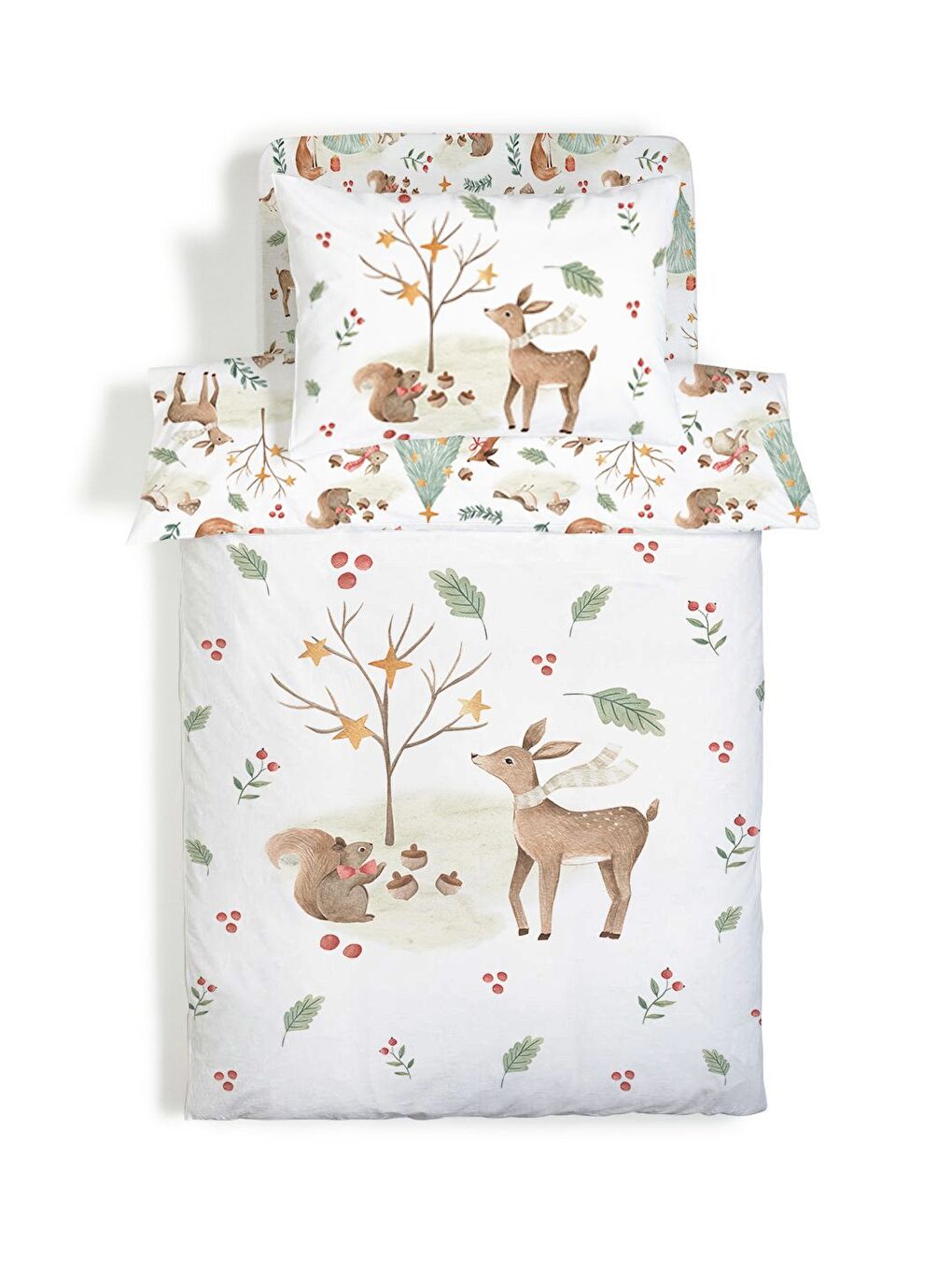 Beyaz Sevimli Geyik Desenli Çarşafsız 2'li Takım Baskılı Tek Kişilik Nevresim Takımı 160x220 cm-1