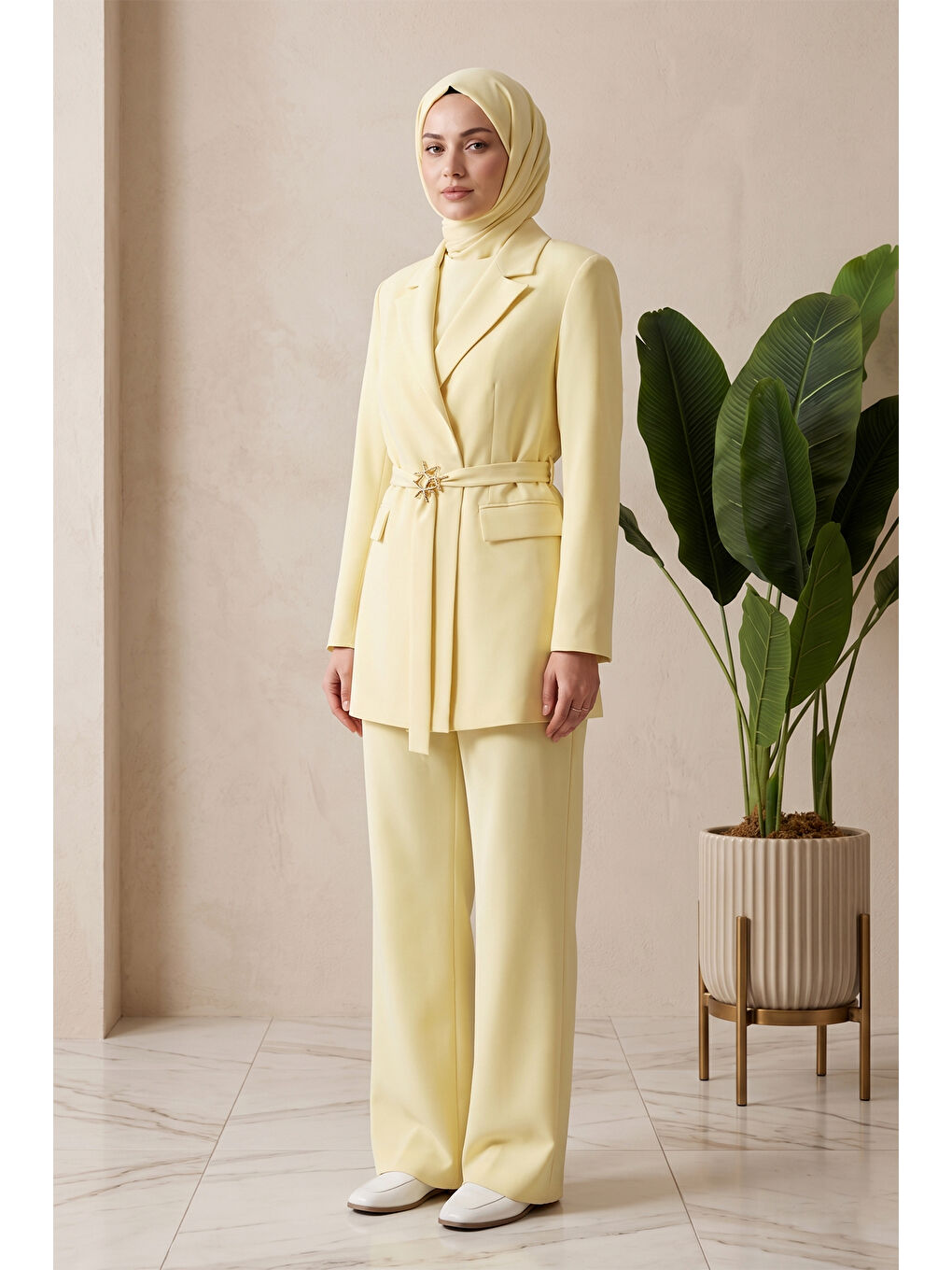 Kemer Detay Blazer Ceket Pantolon Takım 15267 Sarı