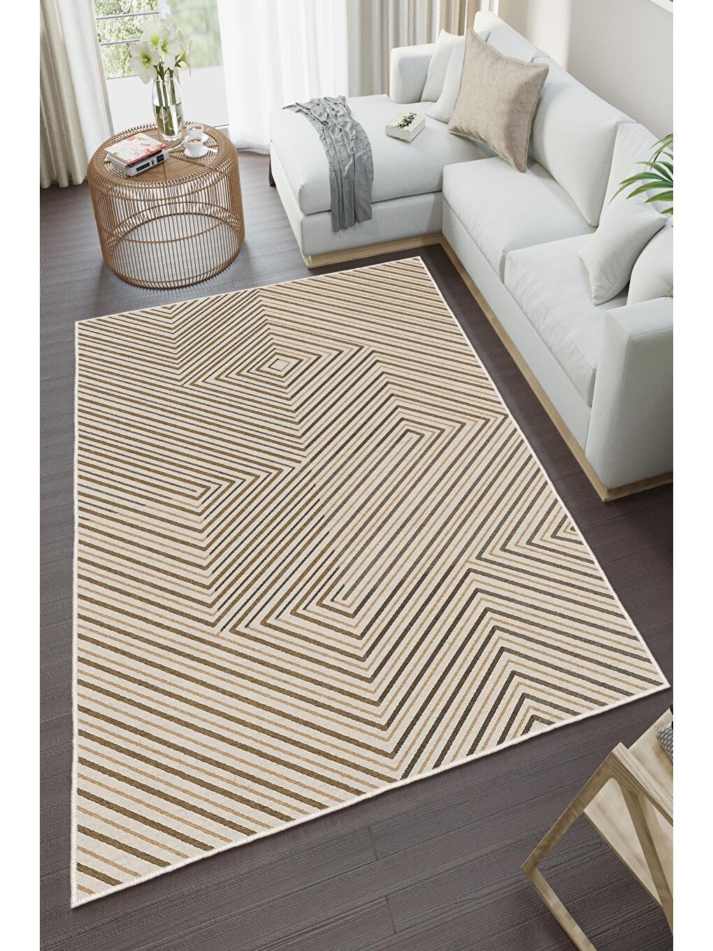 Bej Özel Tasarım, Kaymaz Taban, İnce, Yıkanabilir, Modern Halı WOOKECE1431 80x150-2