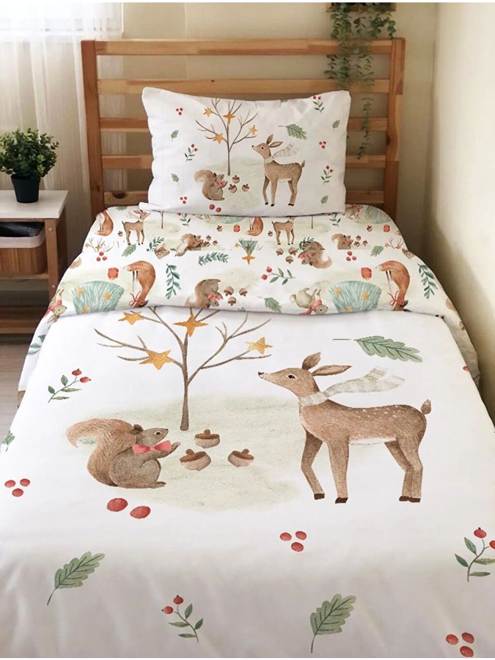 Beyaz Sevimli Geyik Desenli Çarşafsız 2'li Takım Baskılı Tek Kişilik Nevresim Takımı 160x220 cm-2