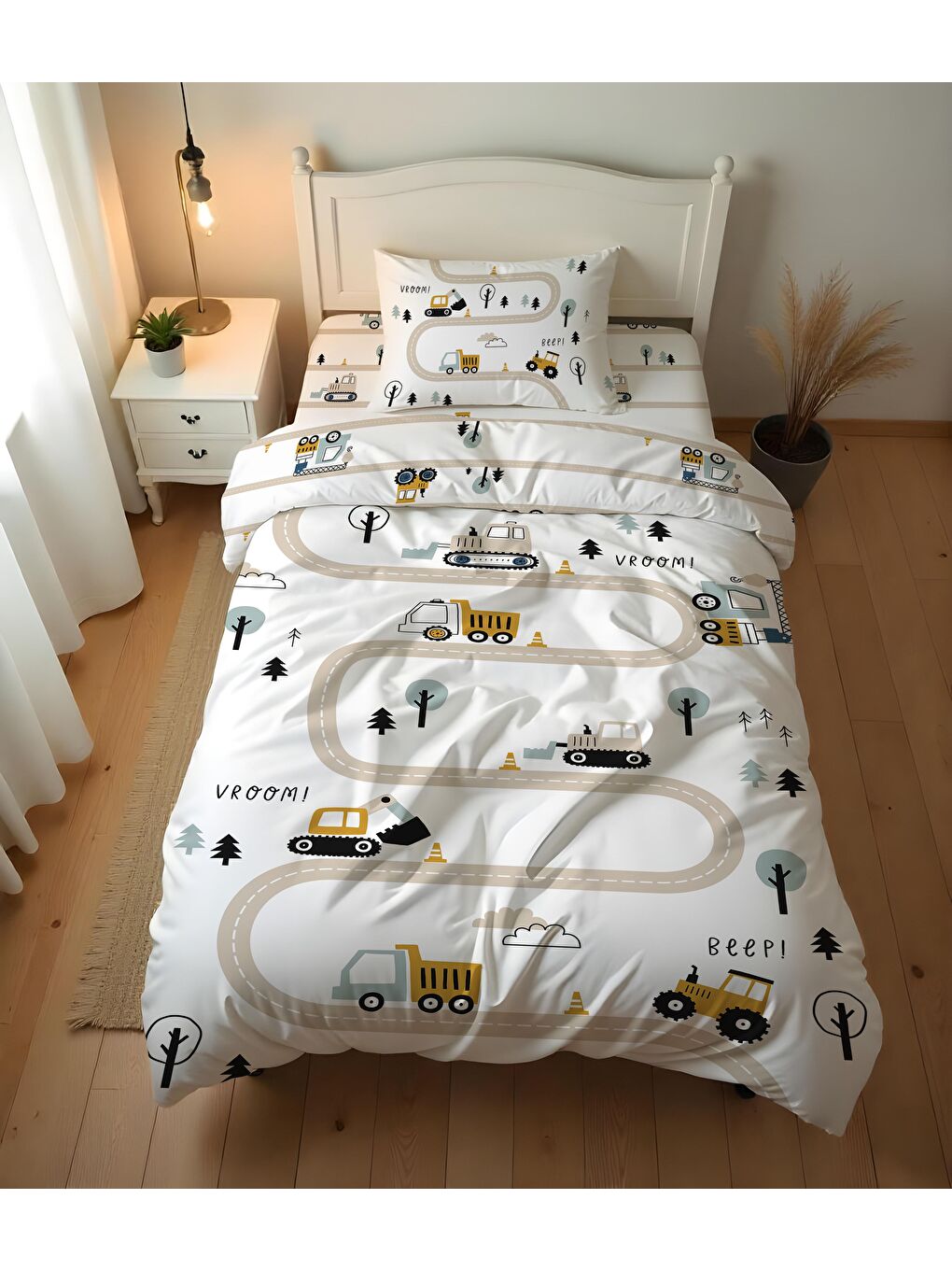 Beyaz İş Makineleri Desenli Çarşafsız 2'li Takım Baskılı Tek Kişilik Nevresim Takımı 160x220 cm