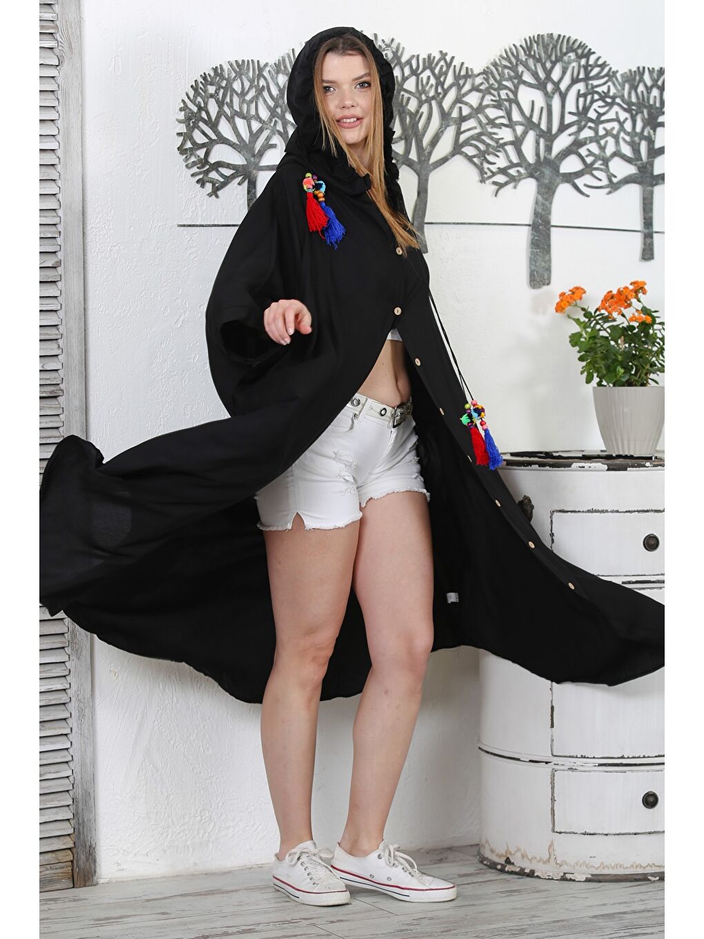 İtalyan Siyah Kimono Yaka Yarasa Kol Düğmeli Kapüşonlu Püsküllü Dokuma Casual Kimono Ceket-6