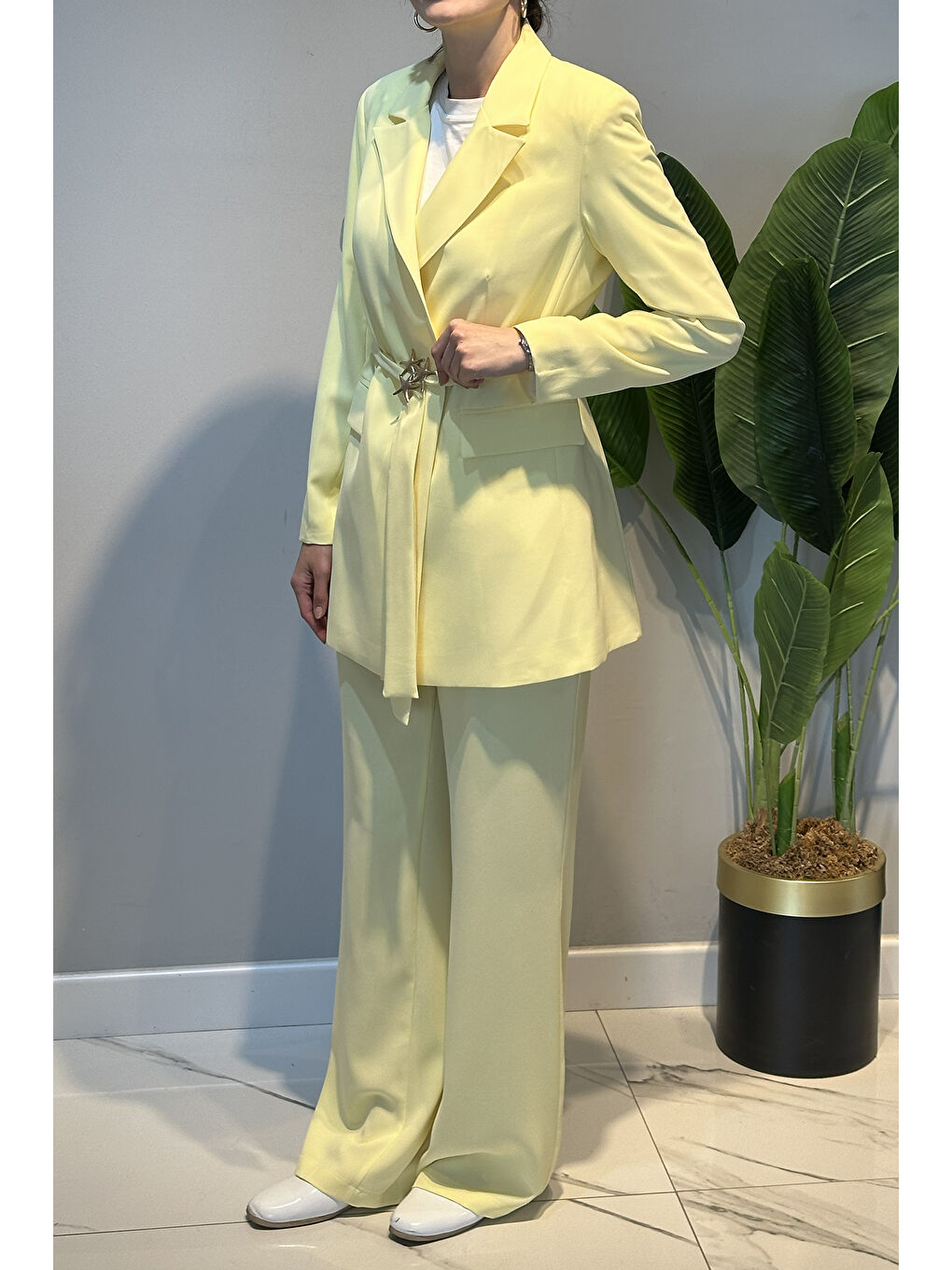 Kemer Detay Blazer Ceket Pantolon Takım 15267 Sarı-1