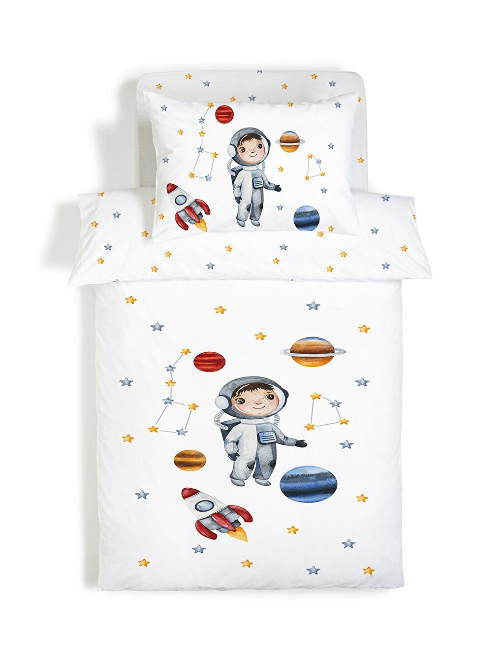 Beyaz Astronot Desenli Çarşafsız 2'li Takım Baskılı Tek Kişilik Nevresim Takımı 160x220 cm-2