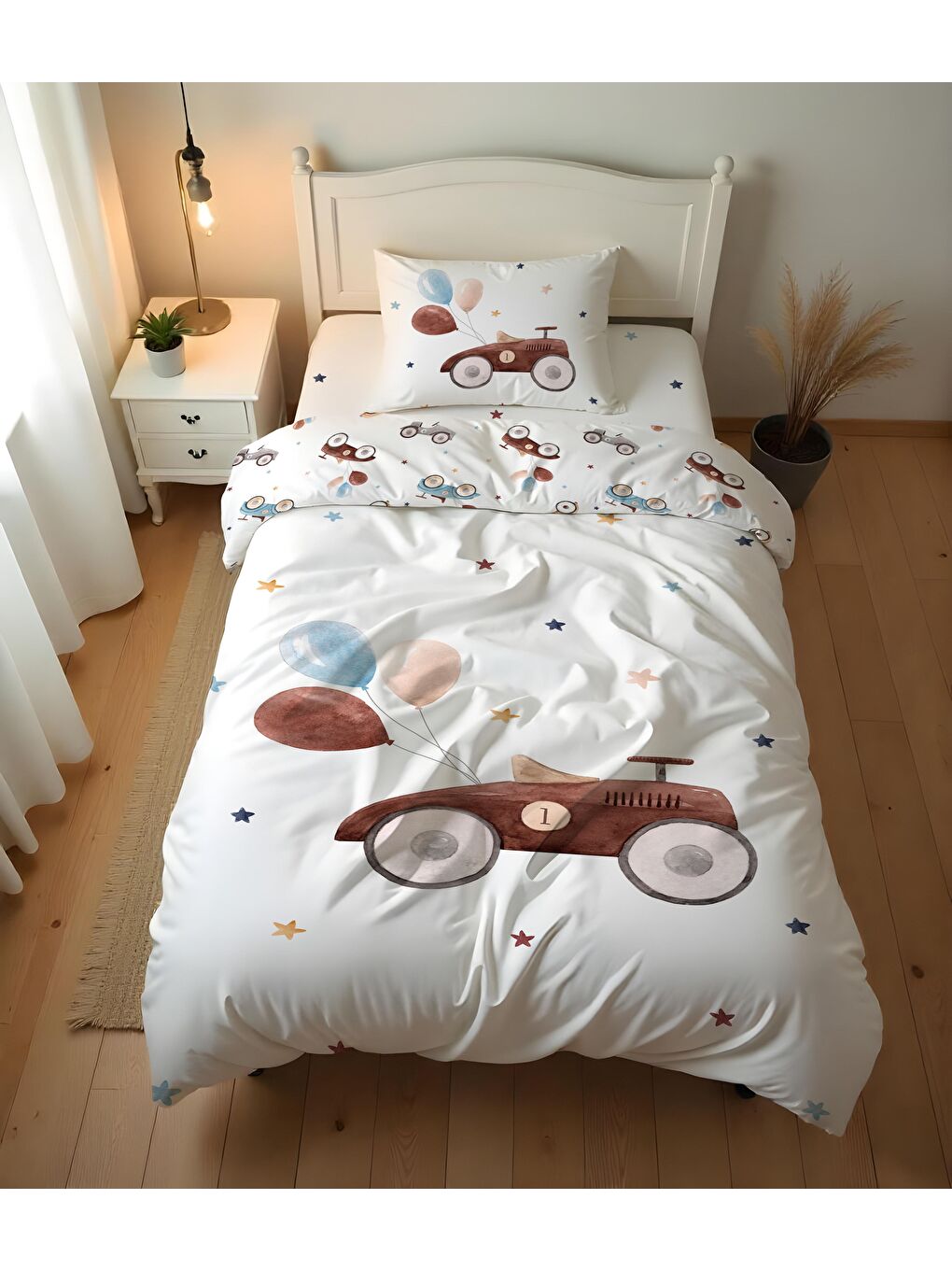 Beyaz Antika Araba Desenli Çarşafsız 2'li Takım Baskılı Tek Kişilik Nevresim Takımı 160x220 cm