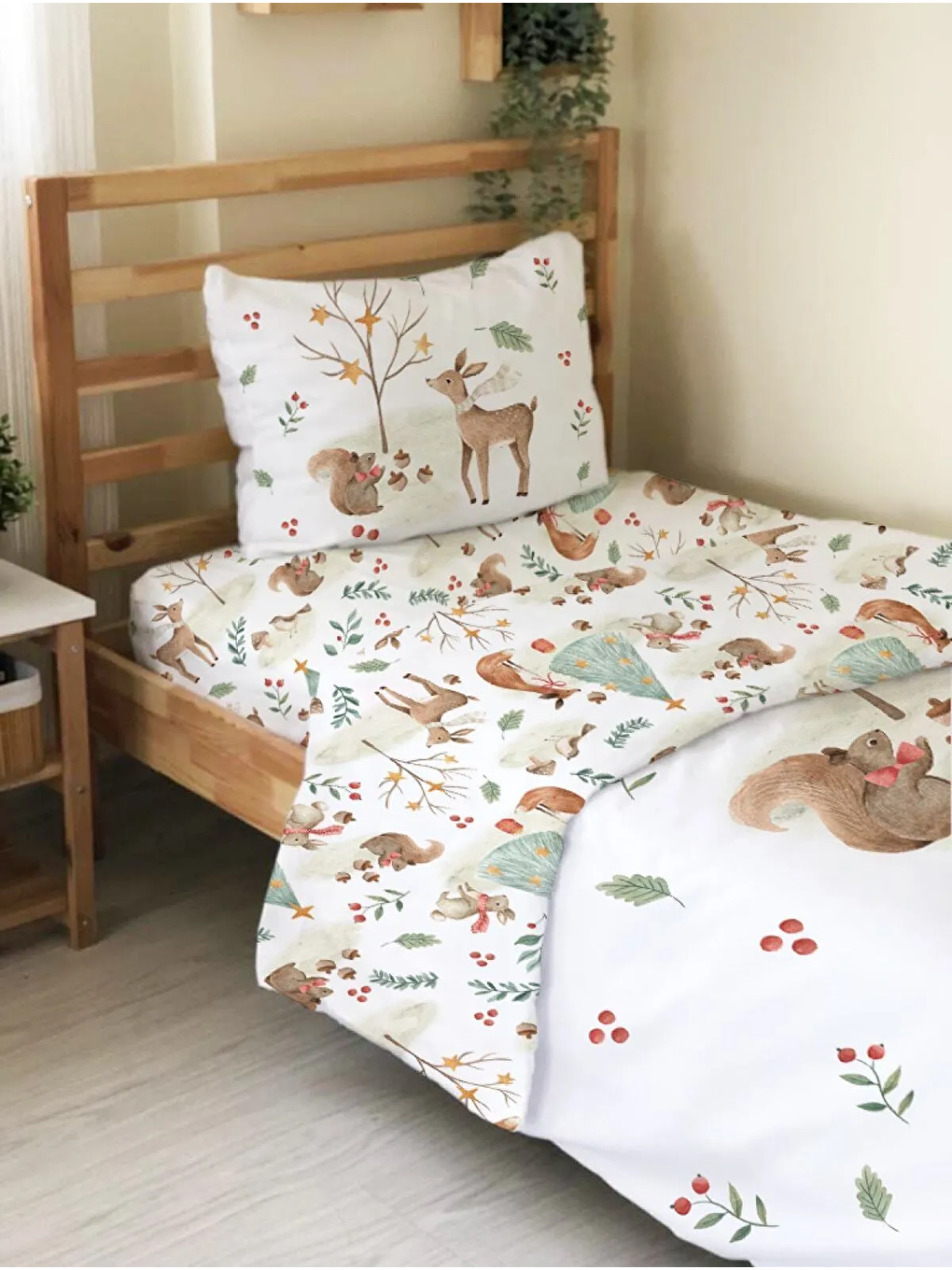 Beyaz Sevimli Geyik Desenli Çarşafsız 2'li Takım Baskılı Tek Kişilik Nevresim Takımı 160x220 cm-3