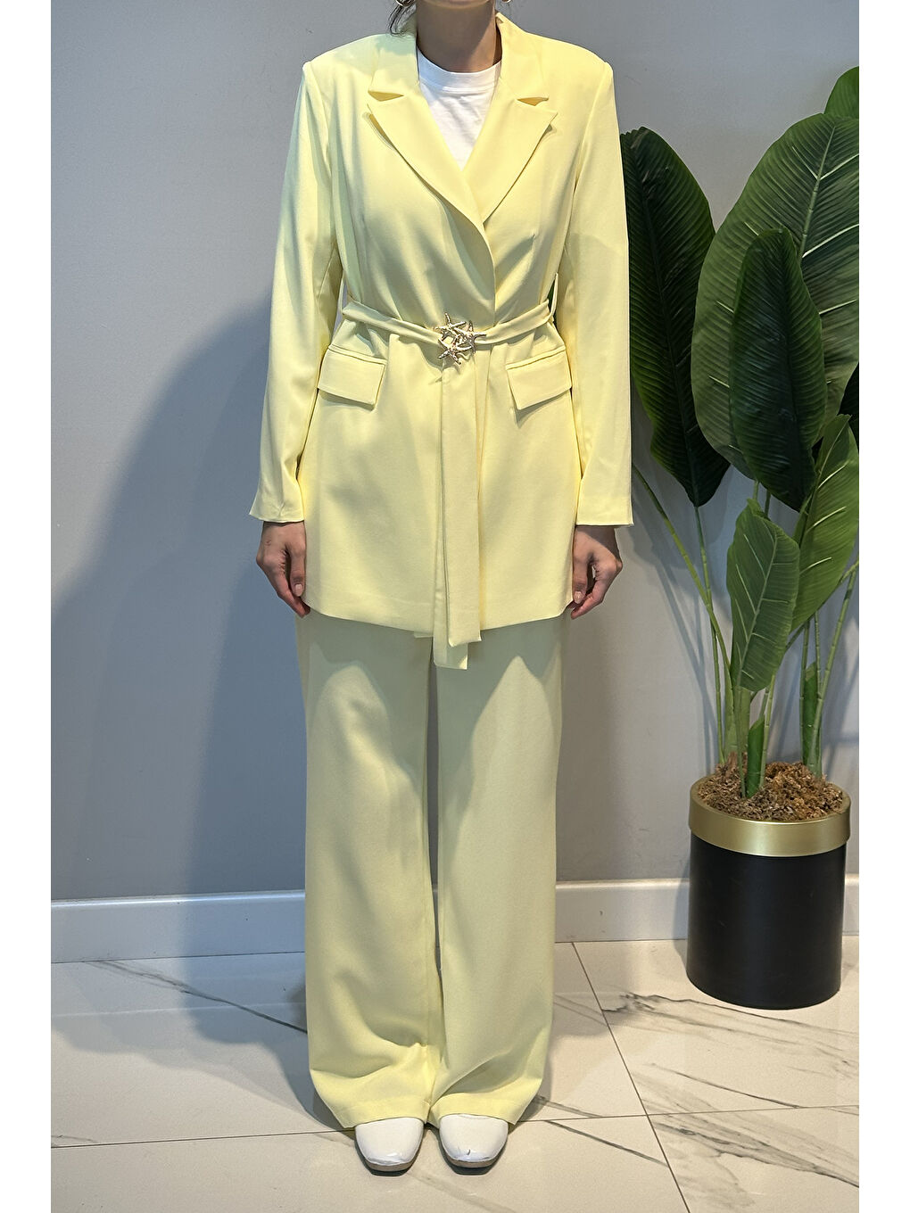 Kemer Detay Blazer Ceket Pantolon Takım 15267 Sarı-2