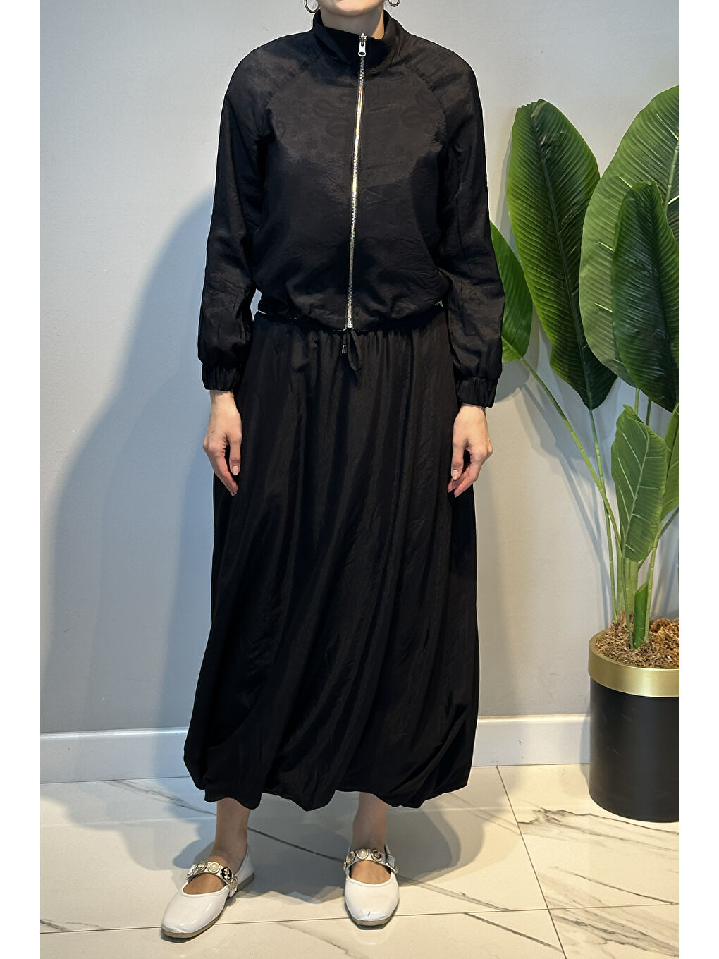 Etnik Desen Ceketi Çift Taraflı T-shirt Balon Etek 3'lü Takım 14367 Siyah-3