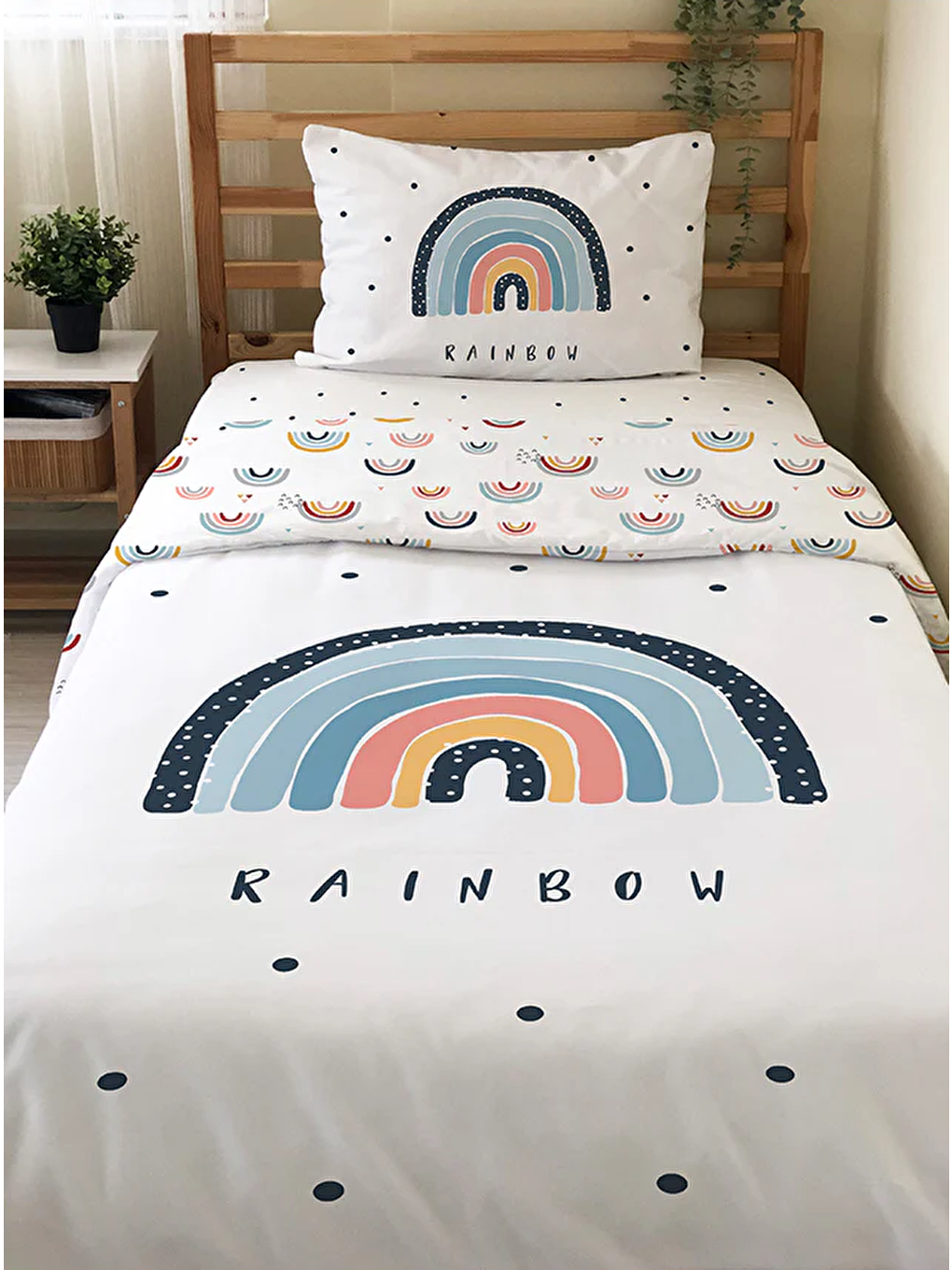 Beyaz Desenli Çarşafsız 2'li Takım Baskılı Tek Kişilik Nevresim Takımı 160x220 cm-1