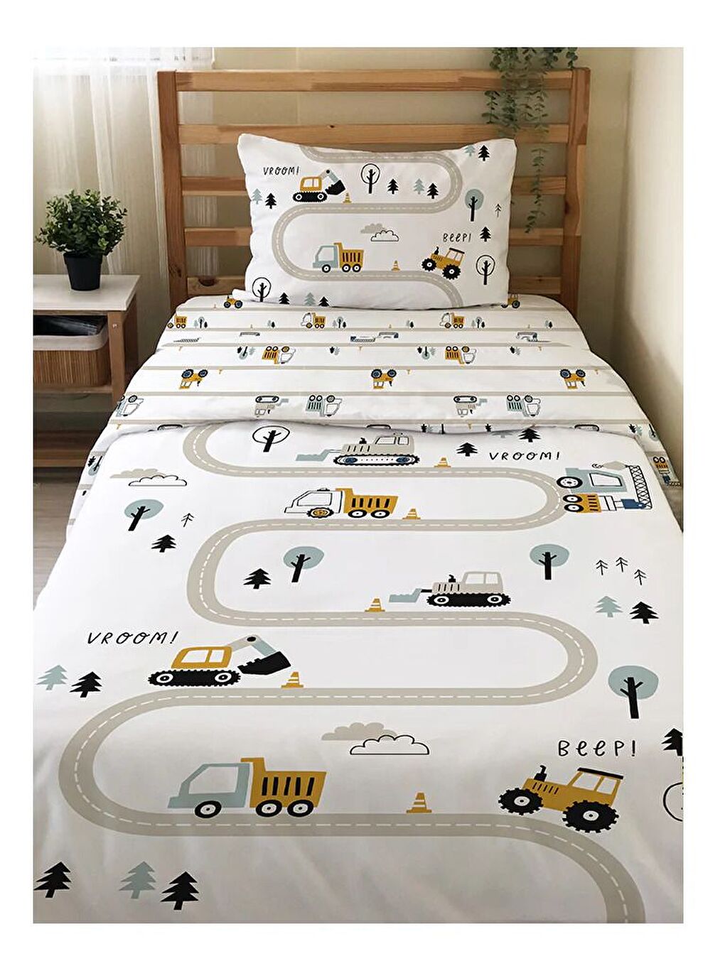 Beyaz İş Makineleri Desenli Çarşafsız 2'li Takım Baskılı Tek Kişilik Nevresim Takımı 160x220 cm-1