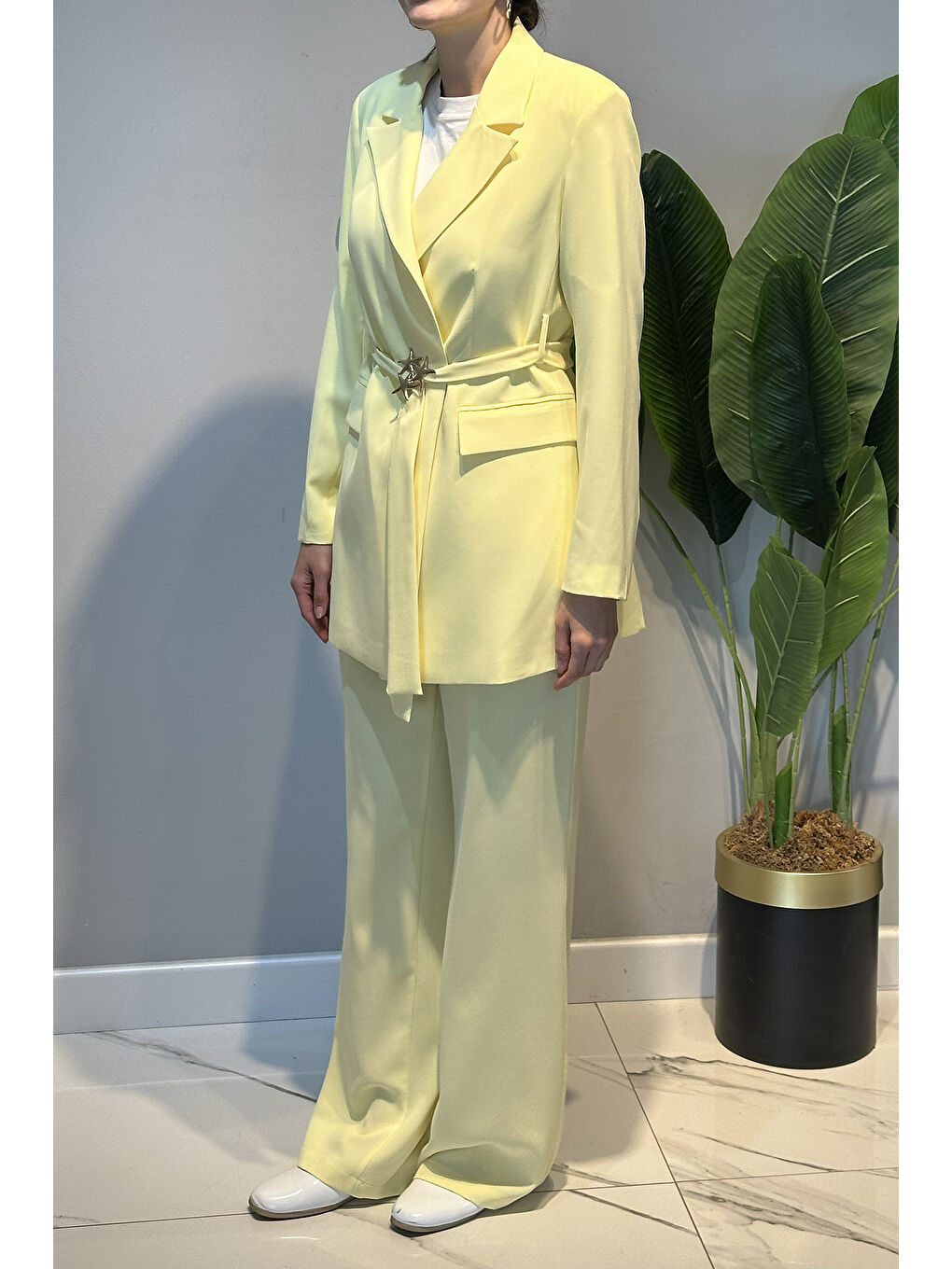 Kemer Detay Blazer Ceket Pantolon Takım 15267 Sarı-3