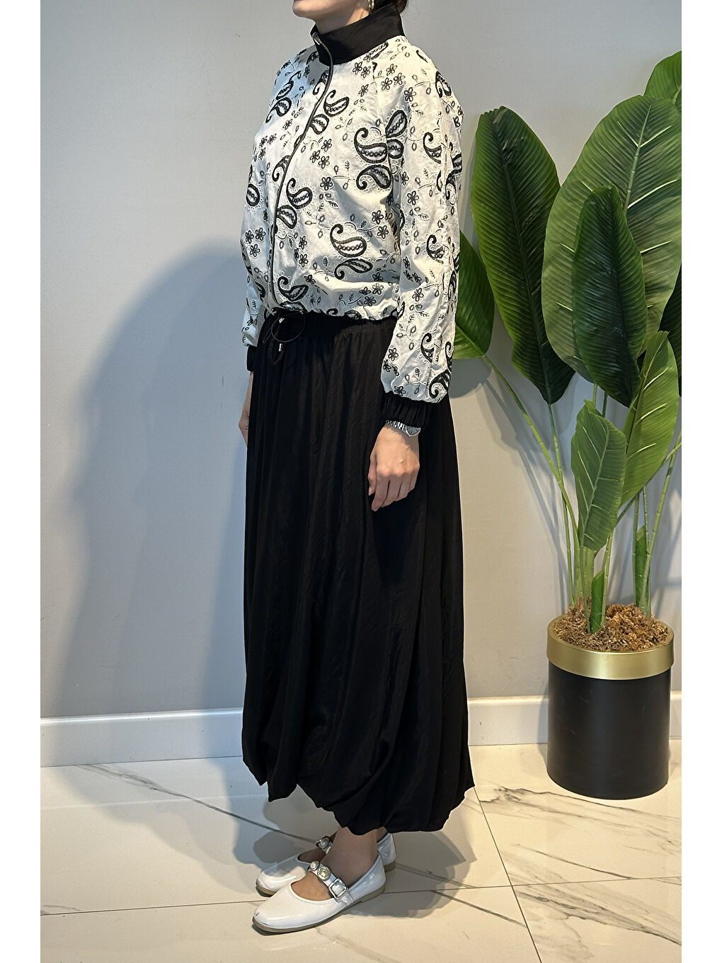 Etnik Desen Ceketi Çift Taraflı T-shirt Balon Etek 3'lü Takım 14367 Siyah-4