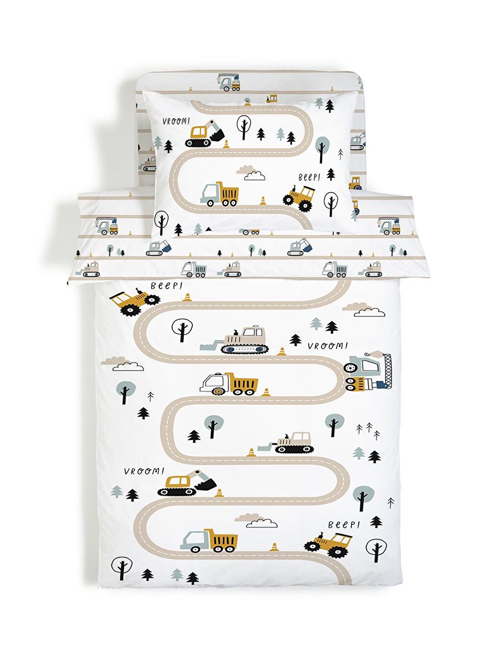 Beyaz İş Makineleri Desenli Çarşafsız 2'li Takım Baskılı Tek Kişilik Nevresim Takımı 160x220 cm-2