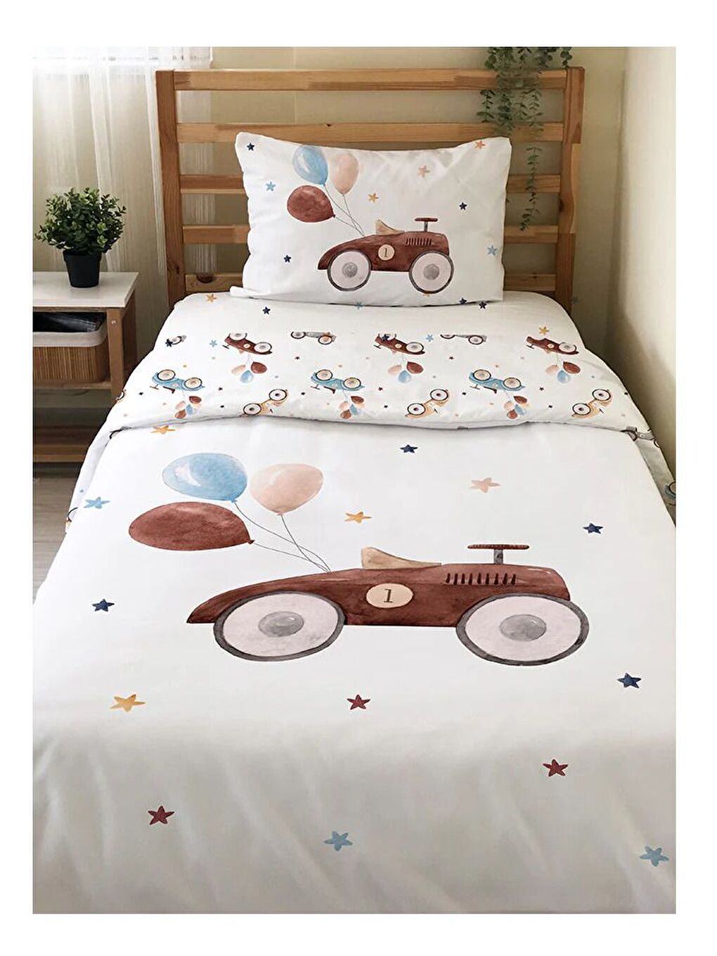 Beyaz Antika Araba Desenli Çarşafsız 2'li Takım Baskılı Tek Kişilik Nevresim Takımı 160x220 cm-1