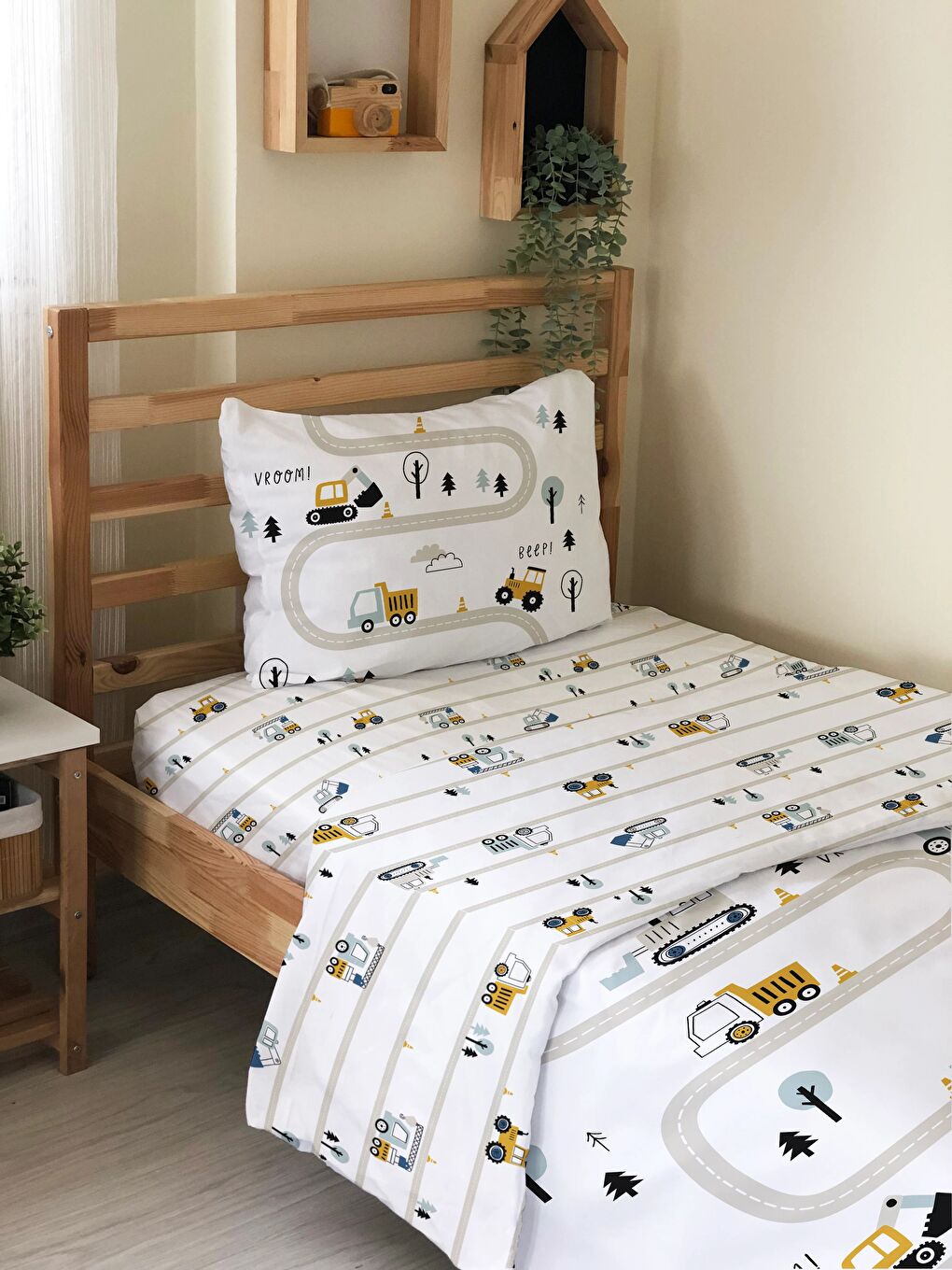 Beyaz İş Makineleri Desenli Çarşafsız 2'li Takım Baskılı Tek Kişilik Nevresim Takımı 160x220 cm-3