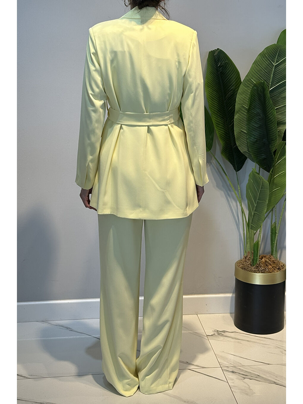Kemer Detay Blazer Ceket Pantolon Takım 15267 Sarı-4