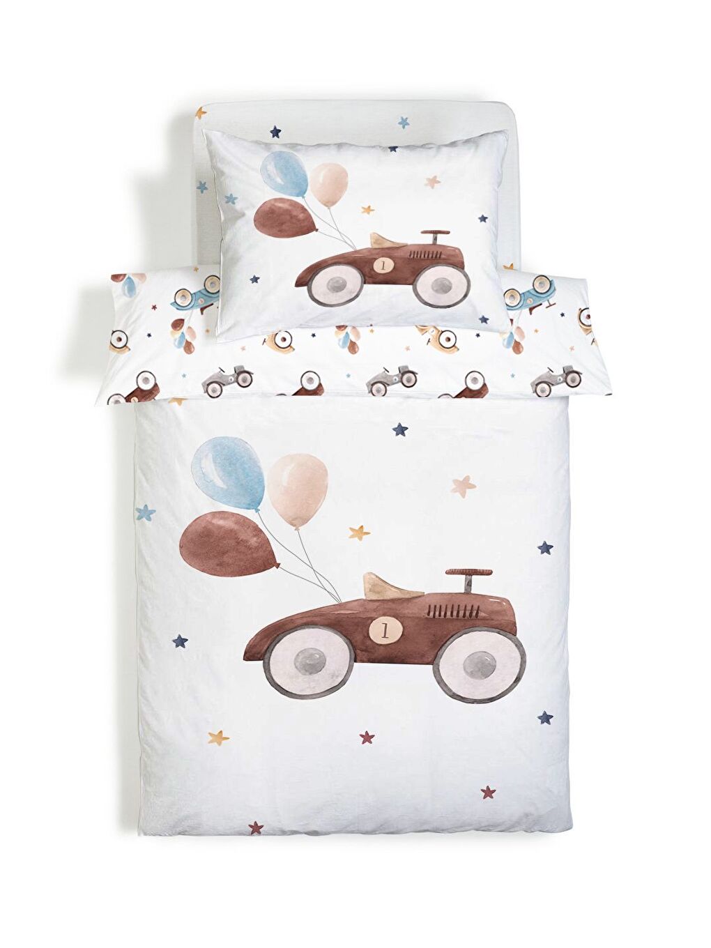 Beyaz Antika Araba Desenli Çarşafsız 2'li Takım Baskılı Tek Kişilik Nevresim Takımı 160x220 cm-2