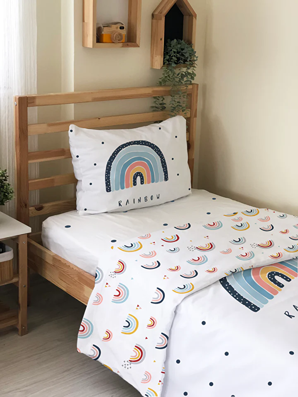 Beyaz Desenli Çarşafsız 2'li Takım Baskılı Tek Kişilik Nevresim Takımı 160x220 cm-3