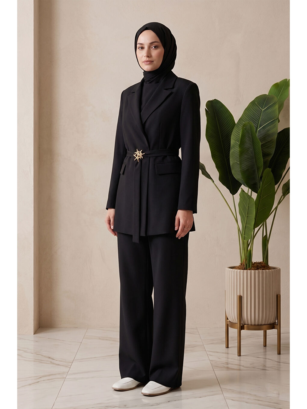 Kemer Detay Blazer Ceket Pantolon Takım 15267 Siyah