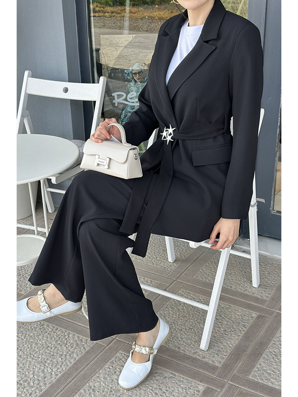 Kemer Detay Blazer Ceket Pantolon Takım 15267 Siyah-1
