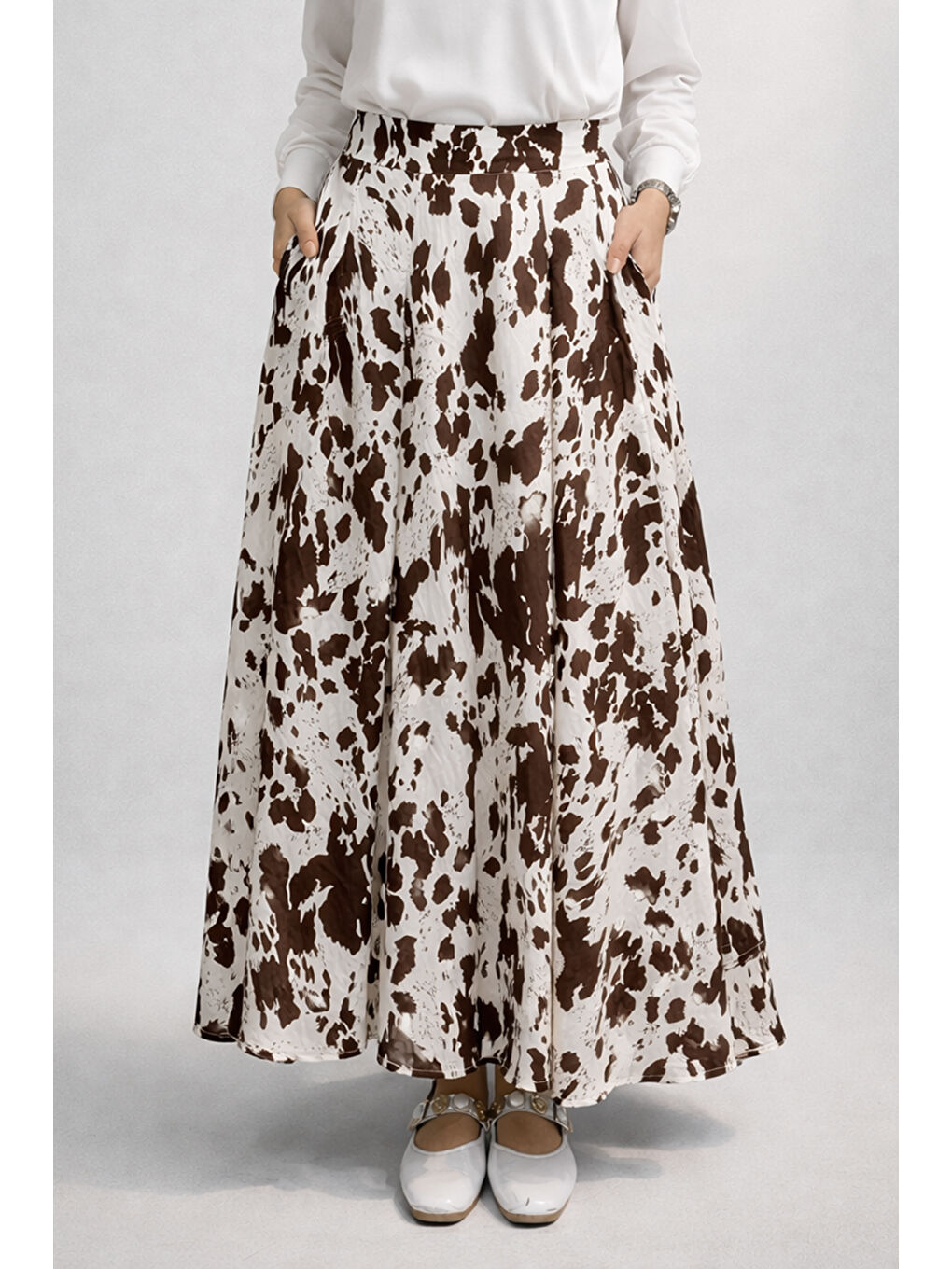 Desenli Poplin Etek 18116 Kahverengi