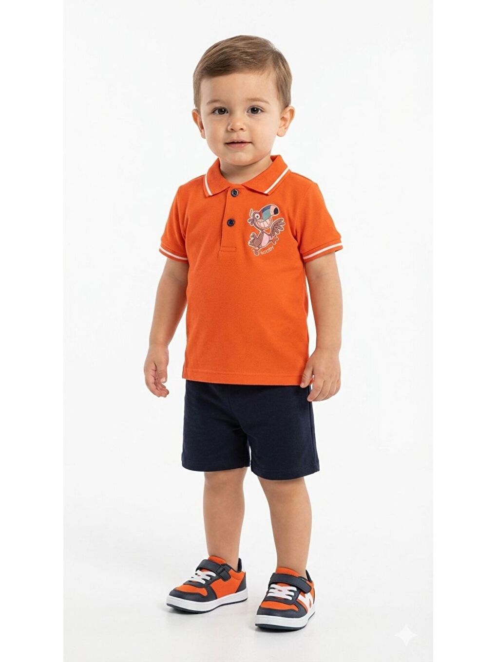 Turuncu Erkek Bebek Polo Yaka Tarz Baskılı Şortlu Takım Yazlık 2’li Takım