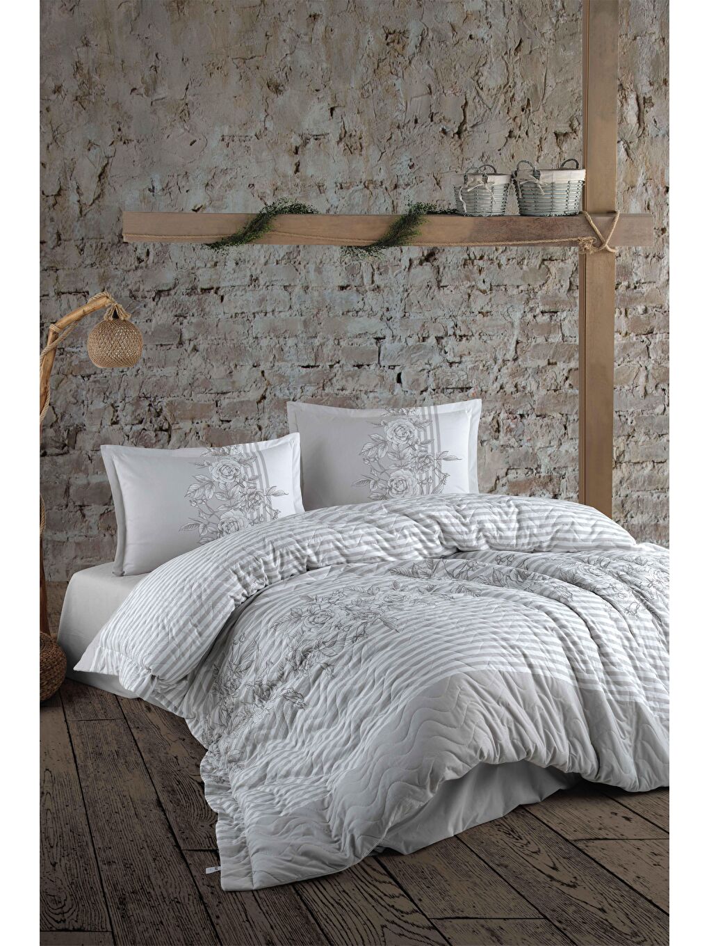 %100 Pamuk Çift Kişilik Dört Mevsim Set Latina Gri