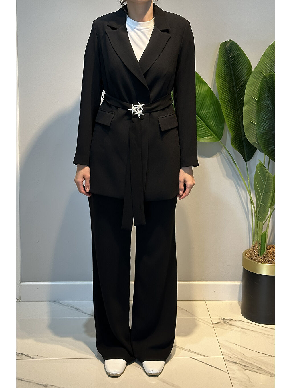 Kemer Detay Blazer Ceket Pantolon Takım 15267 Siyah-2