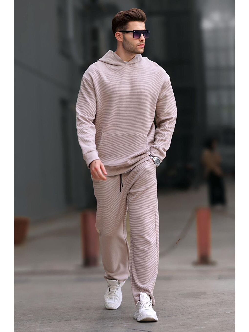 Bej Kapüşonlu Düz Paça Erkek Eşofman Takımı 5934