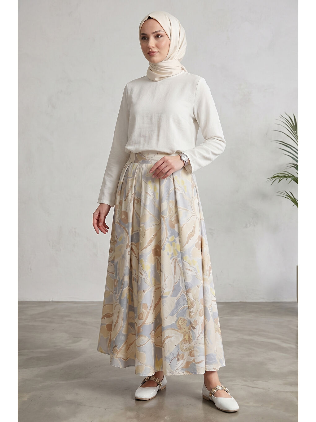 Desenli Poplin Etek 18116 Bej