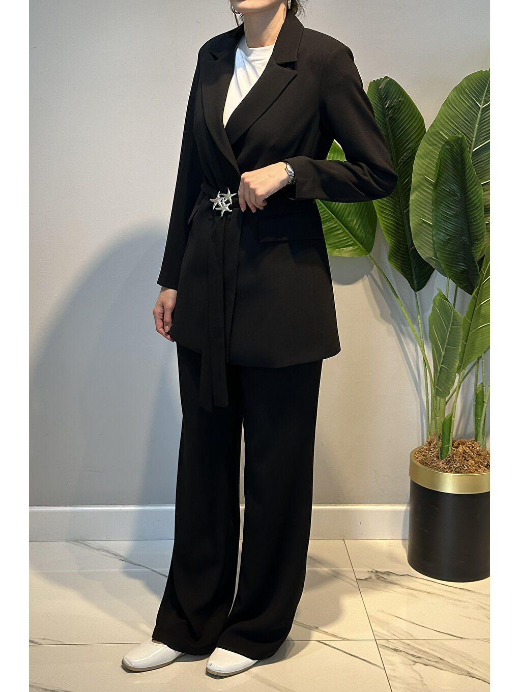 Kemer Detay Blazer Ceket Pantolon Takım 15267 Siyah-3