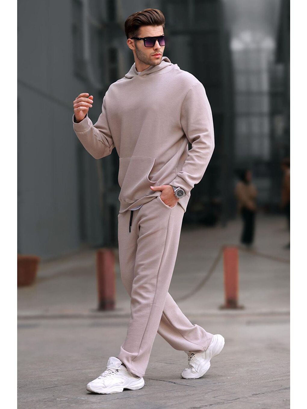 Bej Kapüşonlu Düz Paça Erkek Eşofman Takımı 5934-1