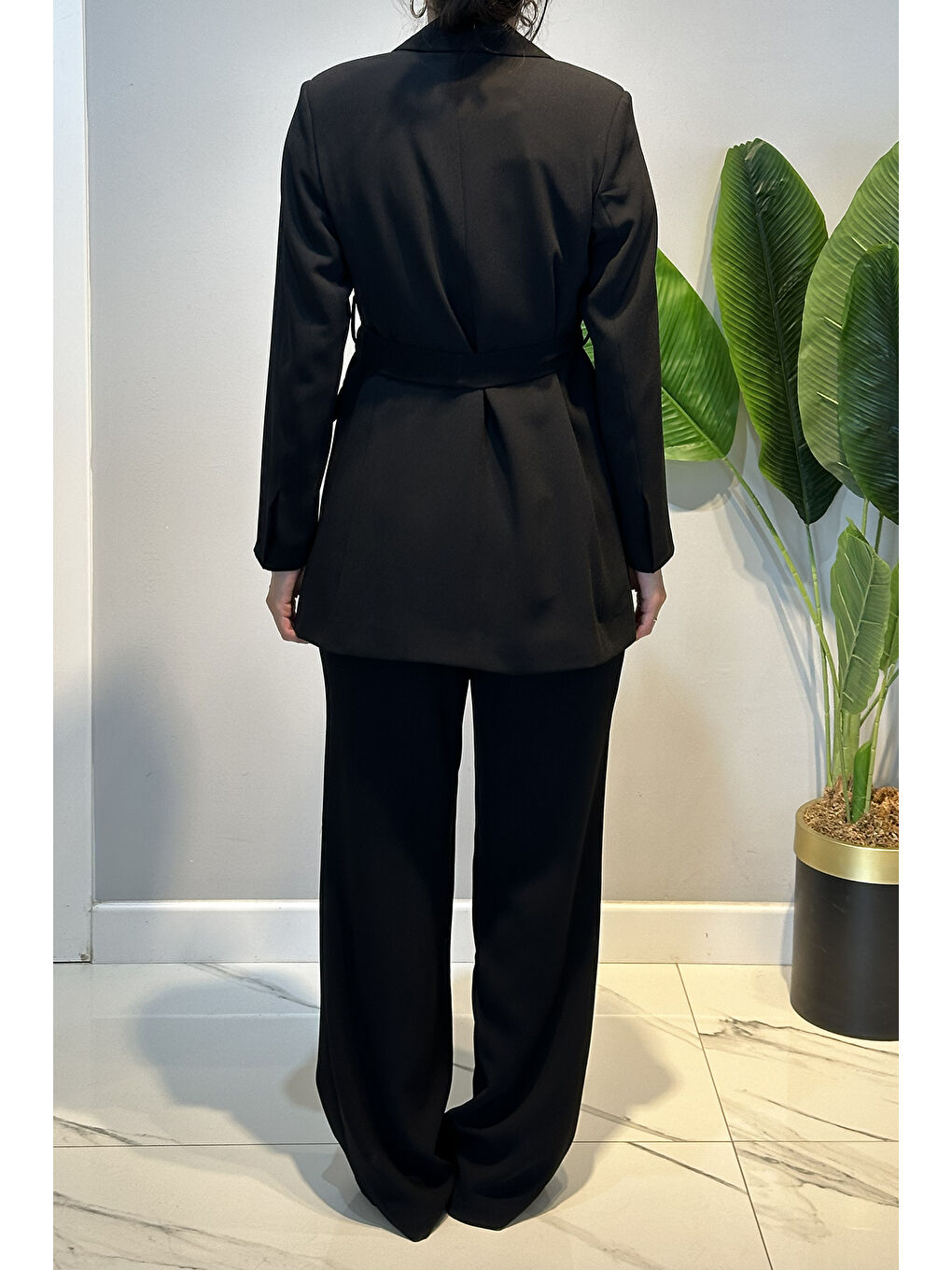 Kemer Detay Blazer Ceket Pantolon Takım 15267 Siyah-4