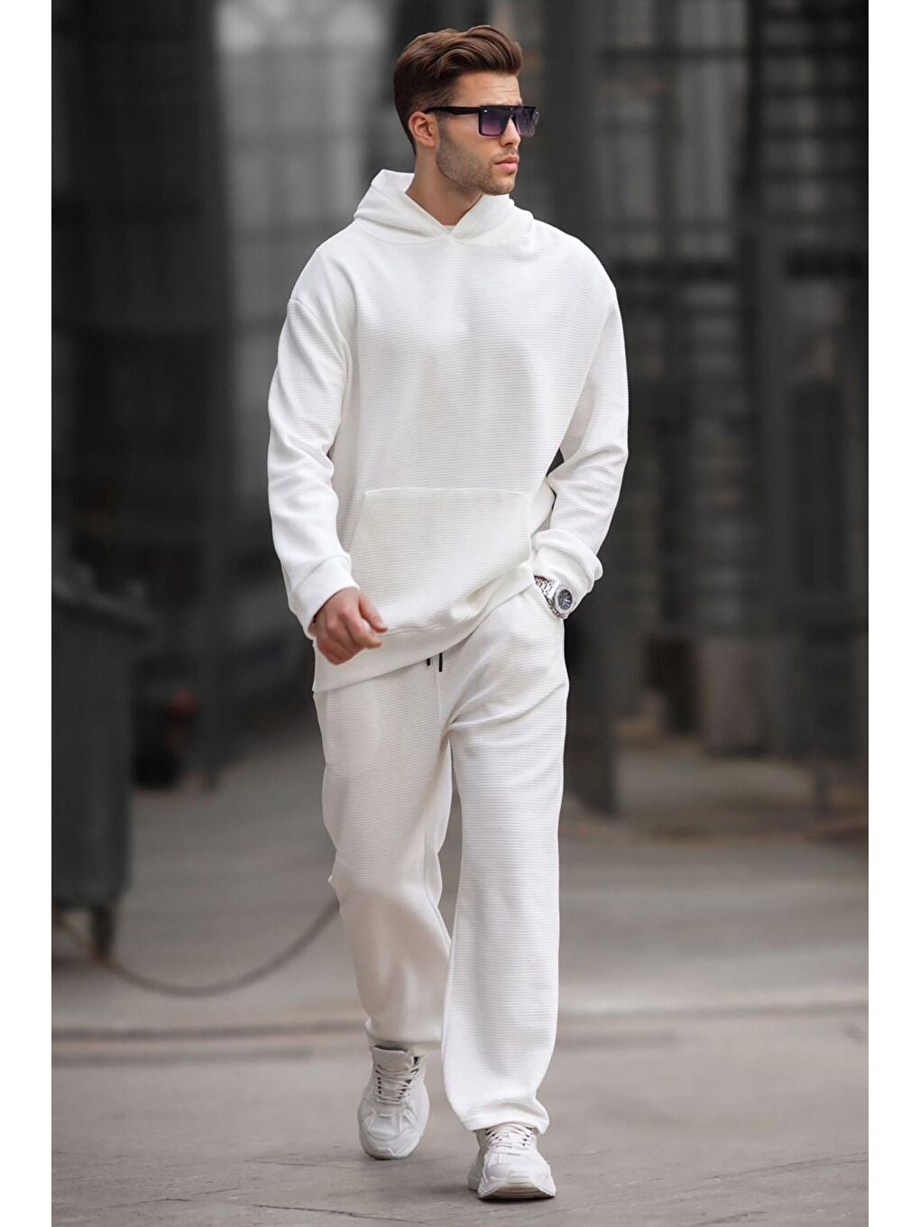 Ekru Kapüşonlu Düz Paça Erkek Eşofman Takımı 5934
